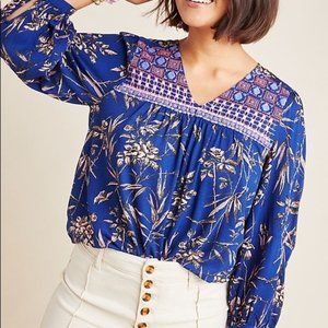 By Anthropologie, Blue Floral Embroidered V-Neck Peasant Top